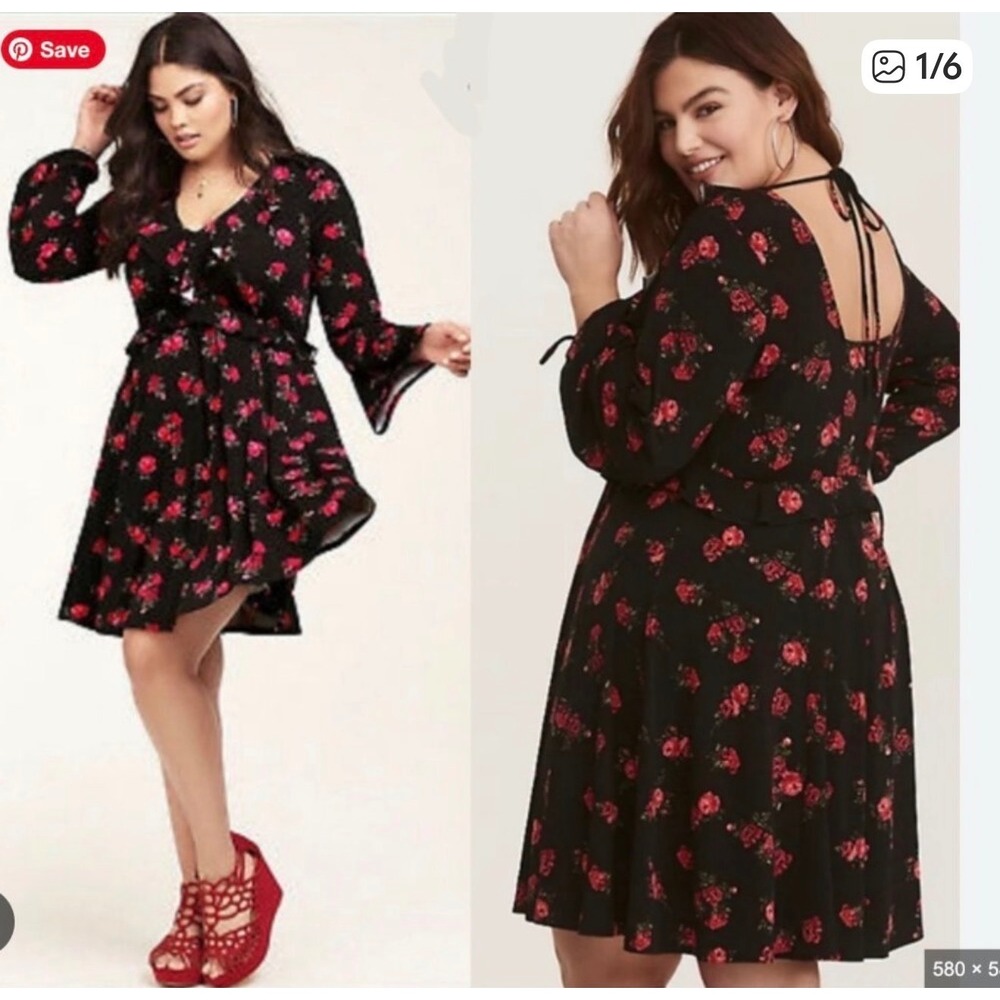 Torrid Black Red Rose Floral Jersey Knit Ruffle V-Neck Skater Dress Plus 18/20